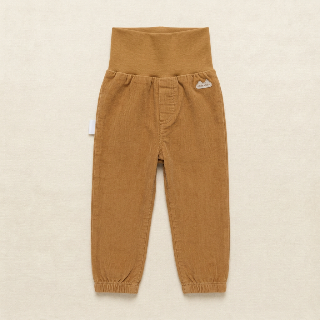 Pantalon bébé marron en coton, taille élastique et bas côtelés, petit logo souris