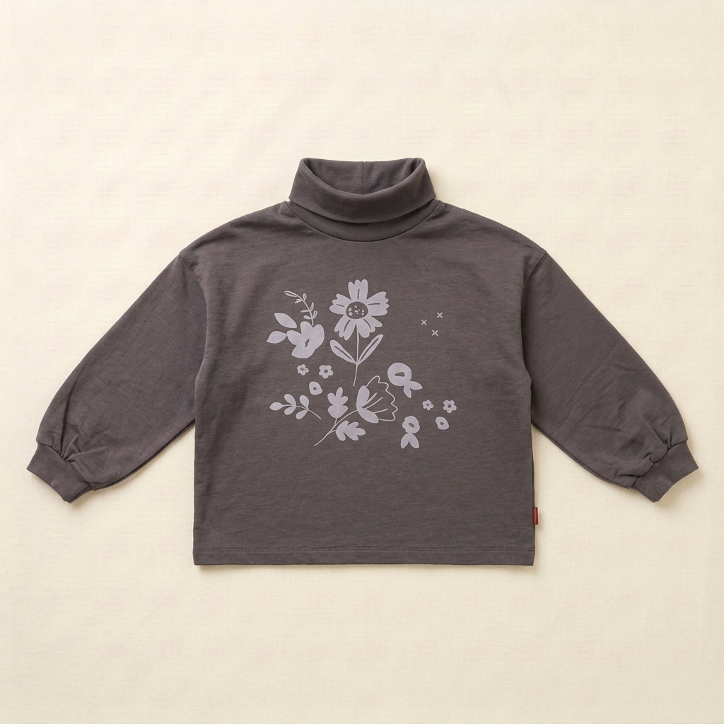 Chandail enfant à col roulé gris foncé, motif floral imprimé devant, manches longues