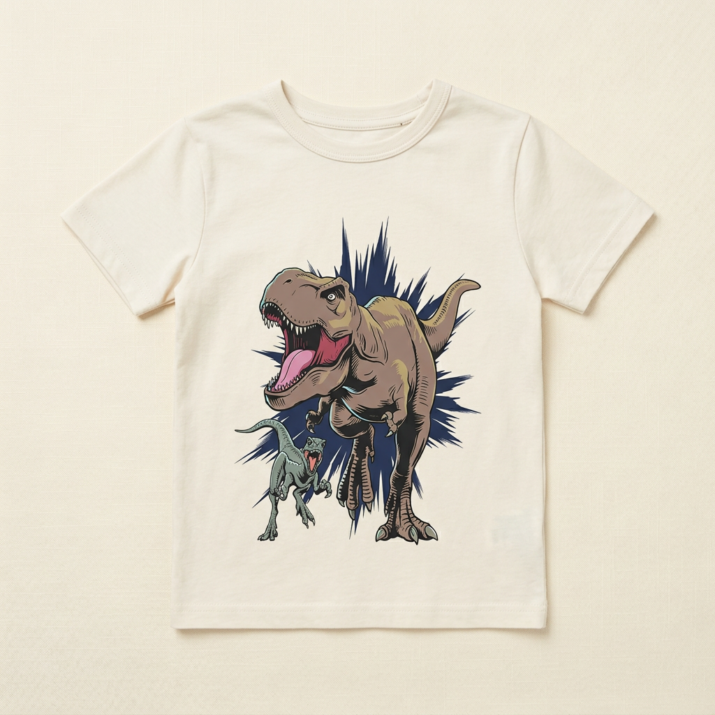T-shirt enfant blanc à imprimé dinosaures coloré, col rond côtelé