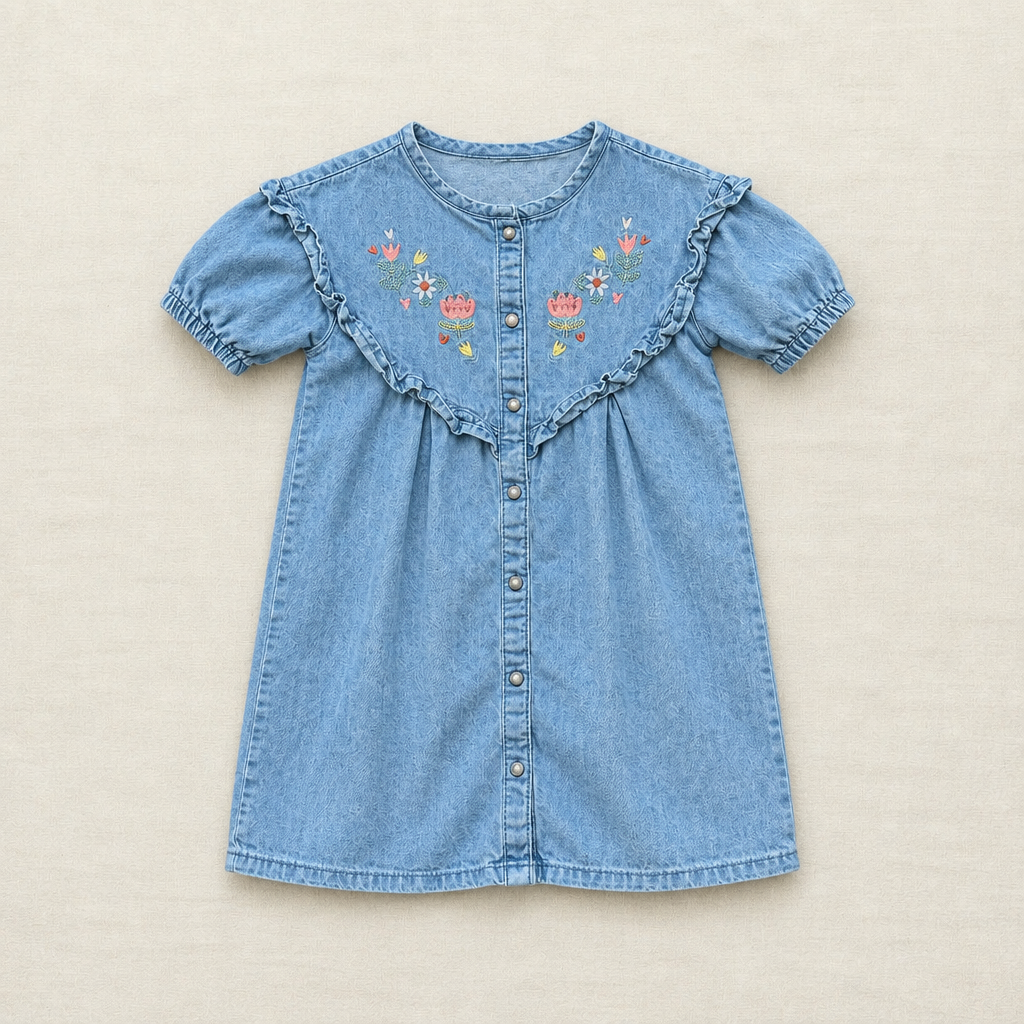 Robe en jean bleu clair pour fille, manches courtes, col volanté, boutons devant, imprimé fleuri.