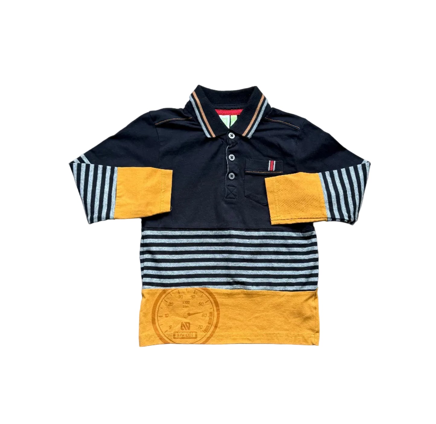 Chandail bébé à manches rayées bleu foncé avec col boutonné et empiècement jaune.