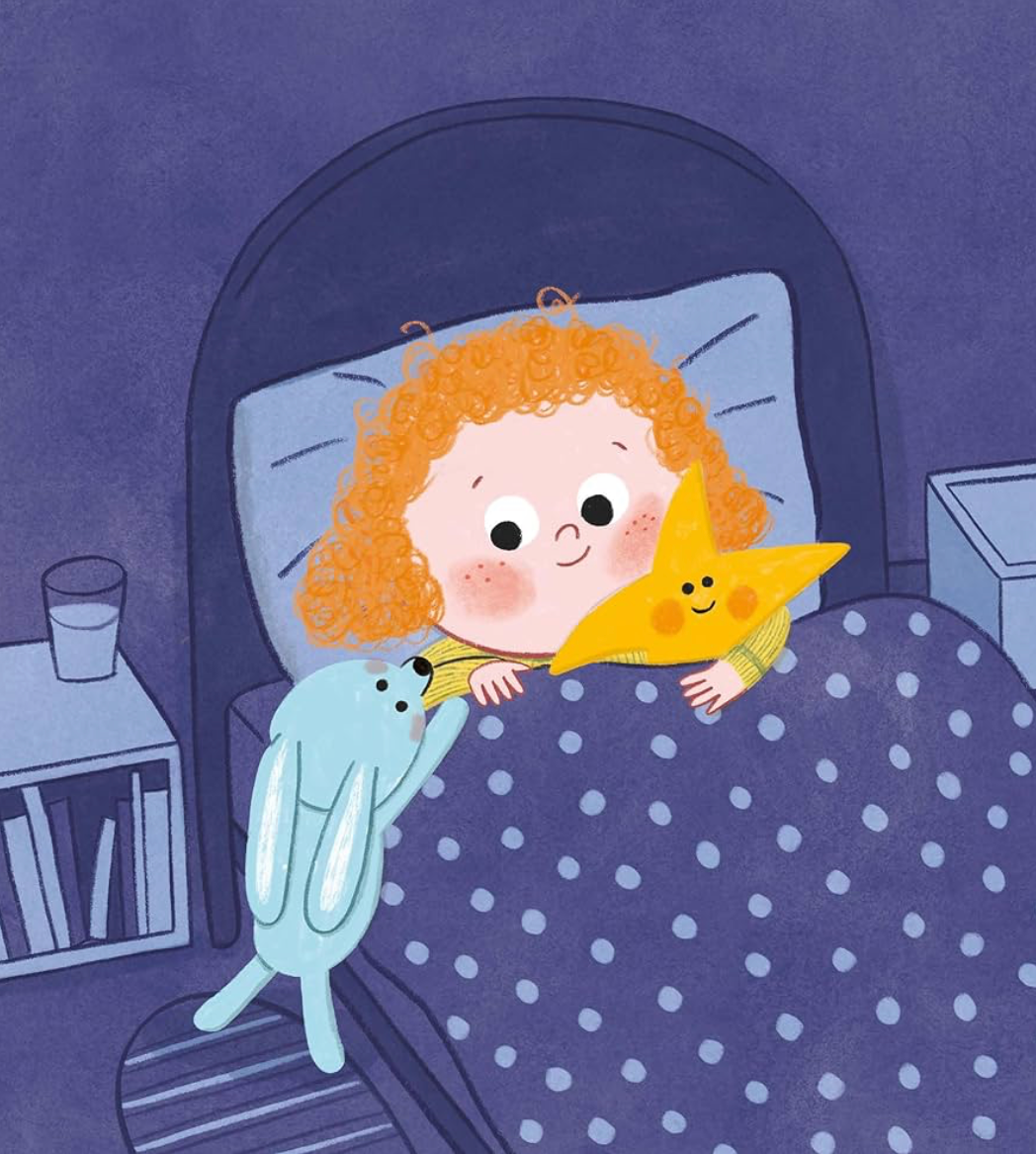 Livre, illustration d’enfant au lit avec couverture à pois et coussin étoile