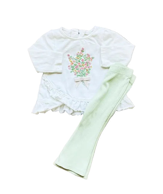 Ensemble 2 pièces bébé: haut blanc à motif floral brodé, pantalon vert menthe