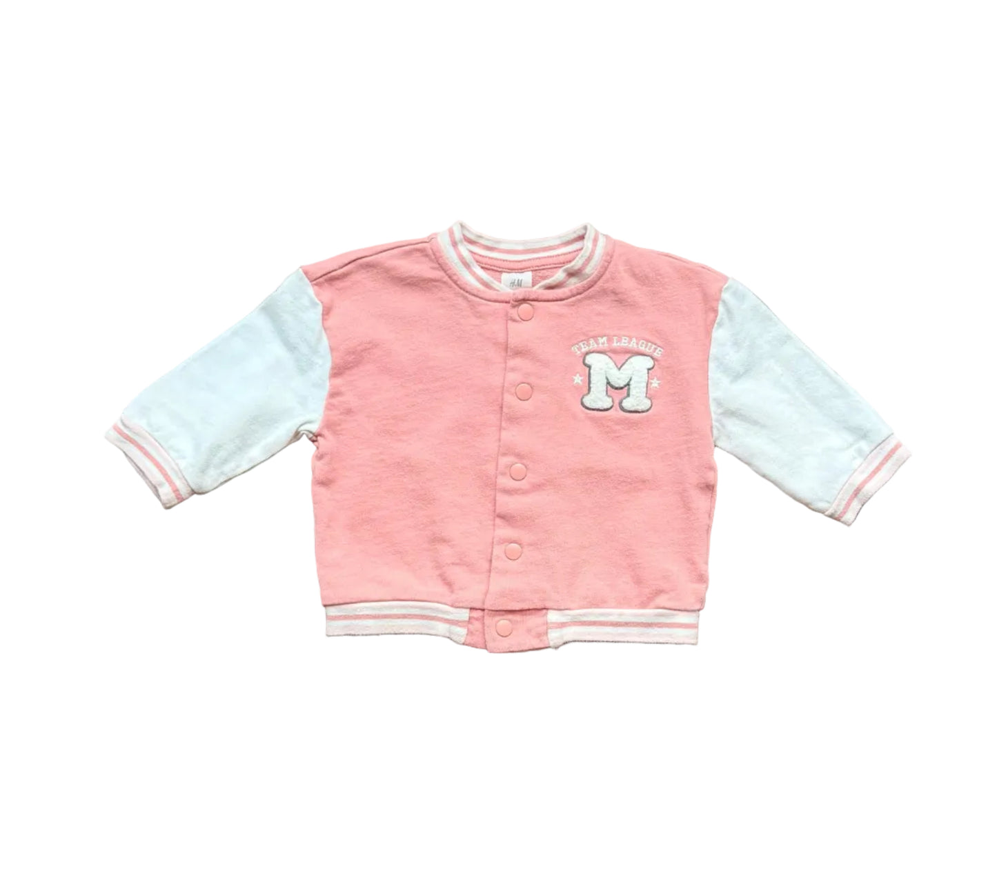 Veste bébé 4-6 mois H&M rose vieux et manches bleu clair, boutons pression, logo