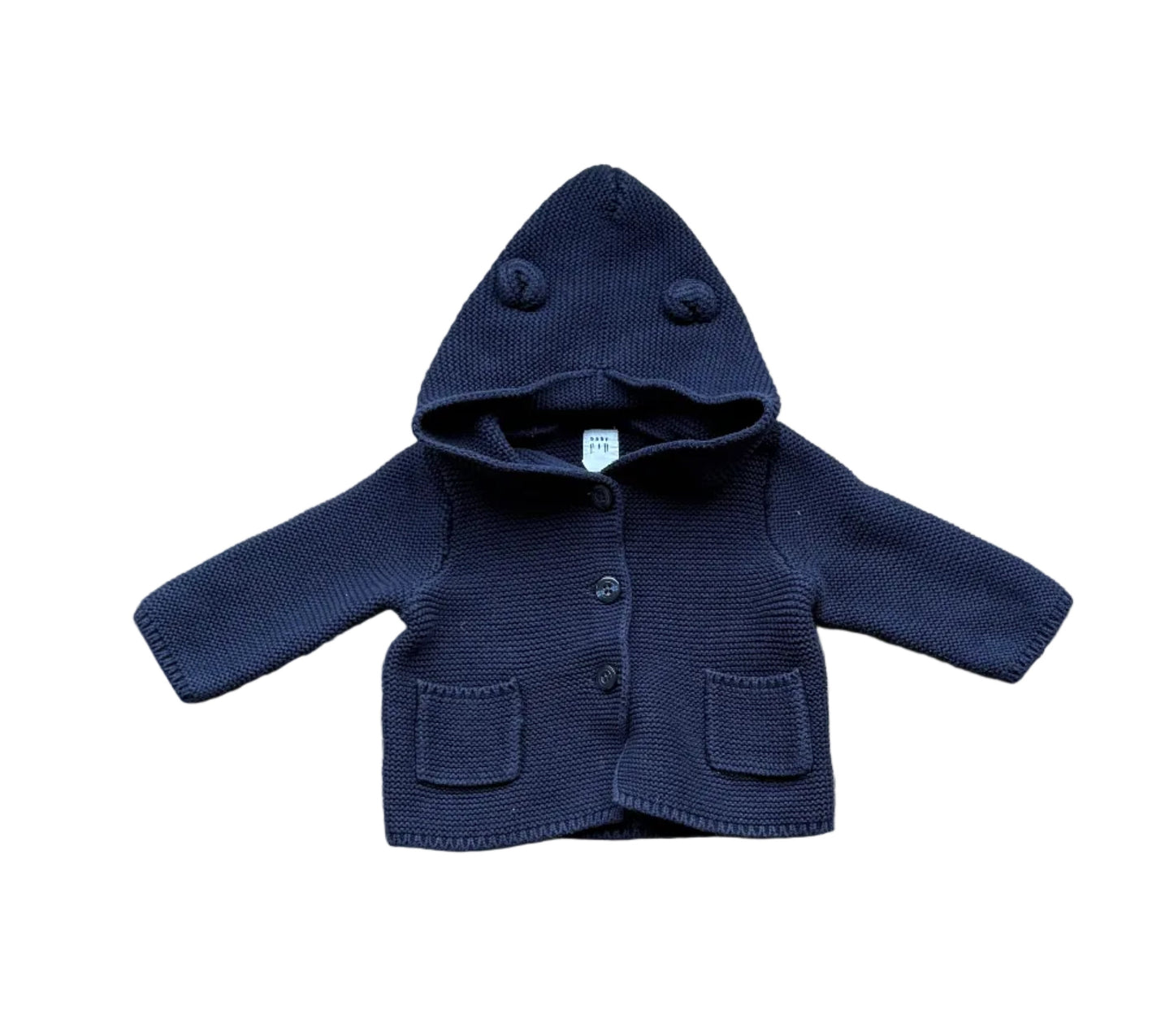 Veste à capuche Baby GAP marine, fermeture par boutons, deux poches, manches longues.