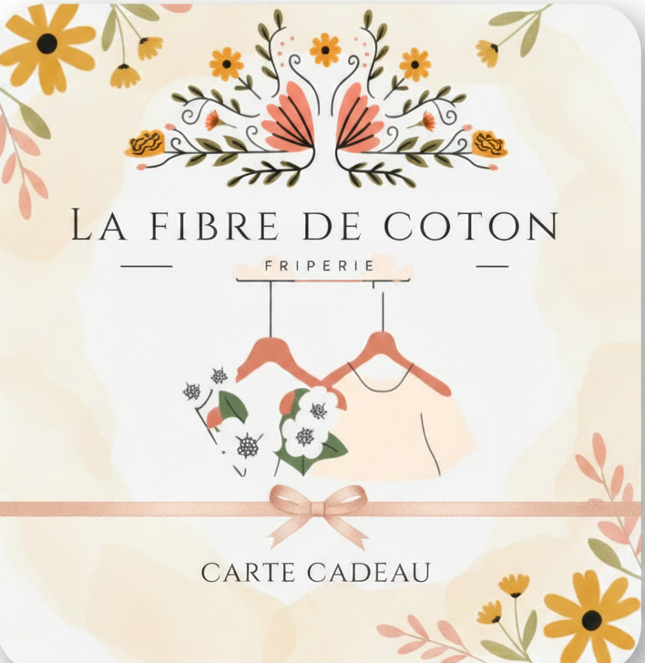 Carte-cadeau La Fibre de Coton, fleurs, nœud et cintres, fond crème.