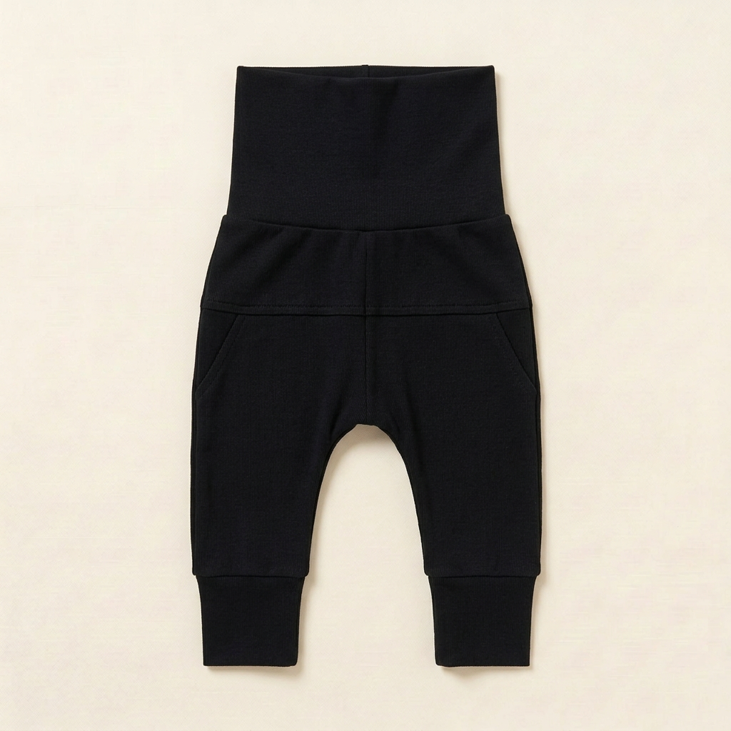 Legging évolutif Little Yogi noir bébé 0-6 mois, jambe ample et bas côtelés.