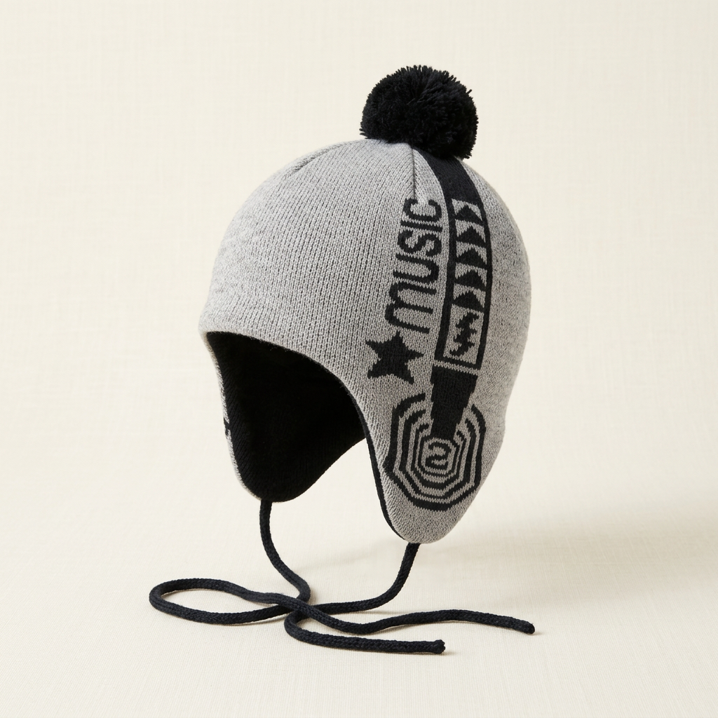 Tuque Deux par Deux gris en tricot avec pompon noir et attaches sous le menton