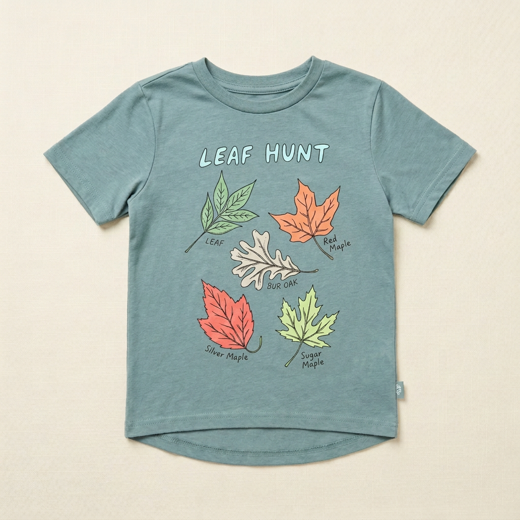 T-shirt enfant 4 ans vert bleu avec motif de feuilles colorées au centre