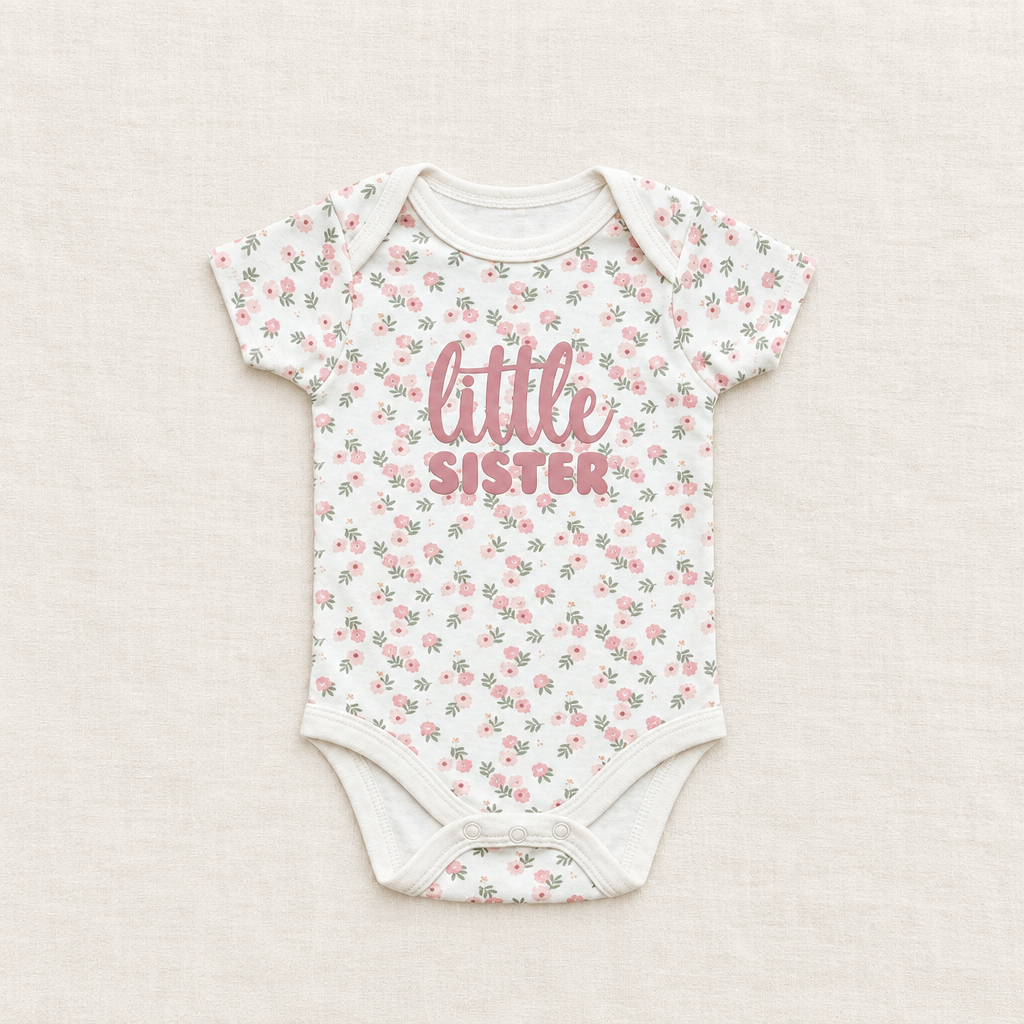 Body bébé manches courtes à fleurs blanches, inscription « little sister » au centre