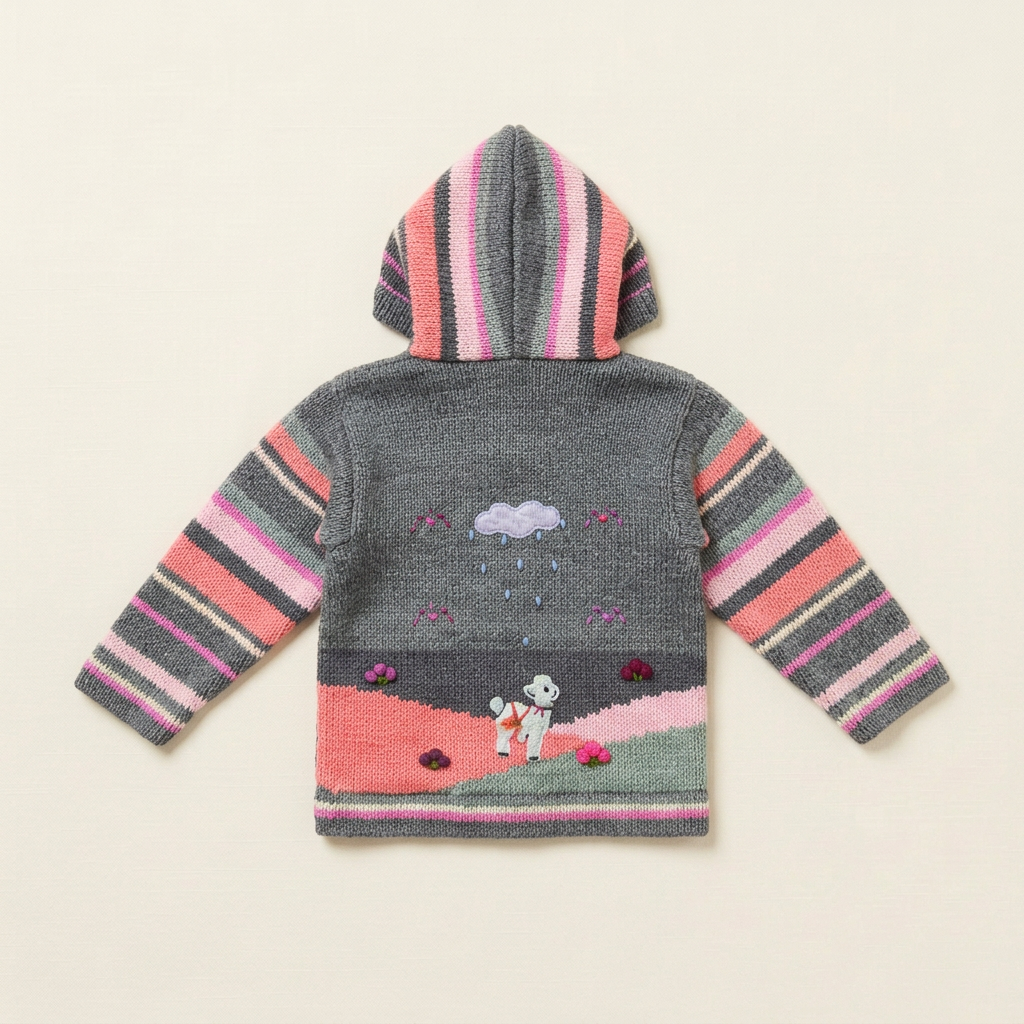 Veste bébé en laine tricotée grise, rayures roses et capuche, motif animaux au dos