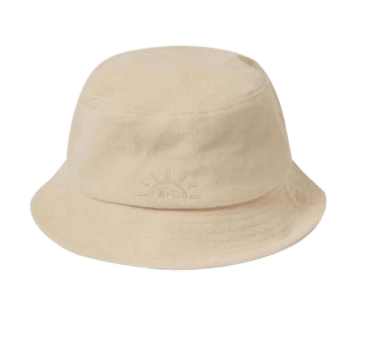 Chapeau bob écru en tissu, bord souple et broderie soleil au centre