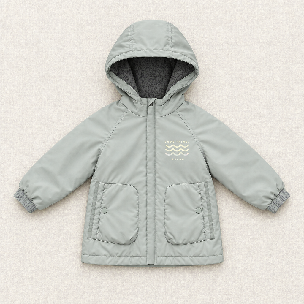 Manteau Zara 3 ans matelassé à capuche, vert gris, fermeture zippée et poches
