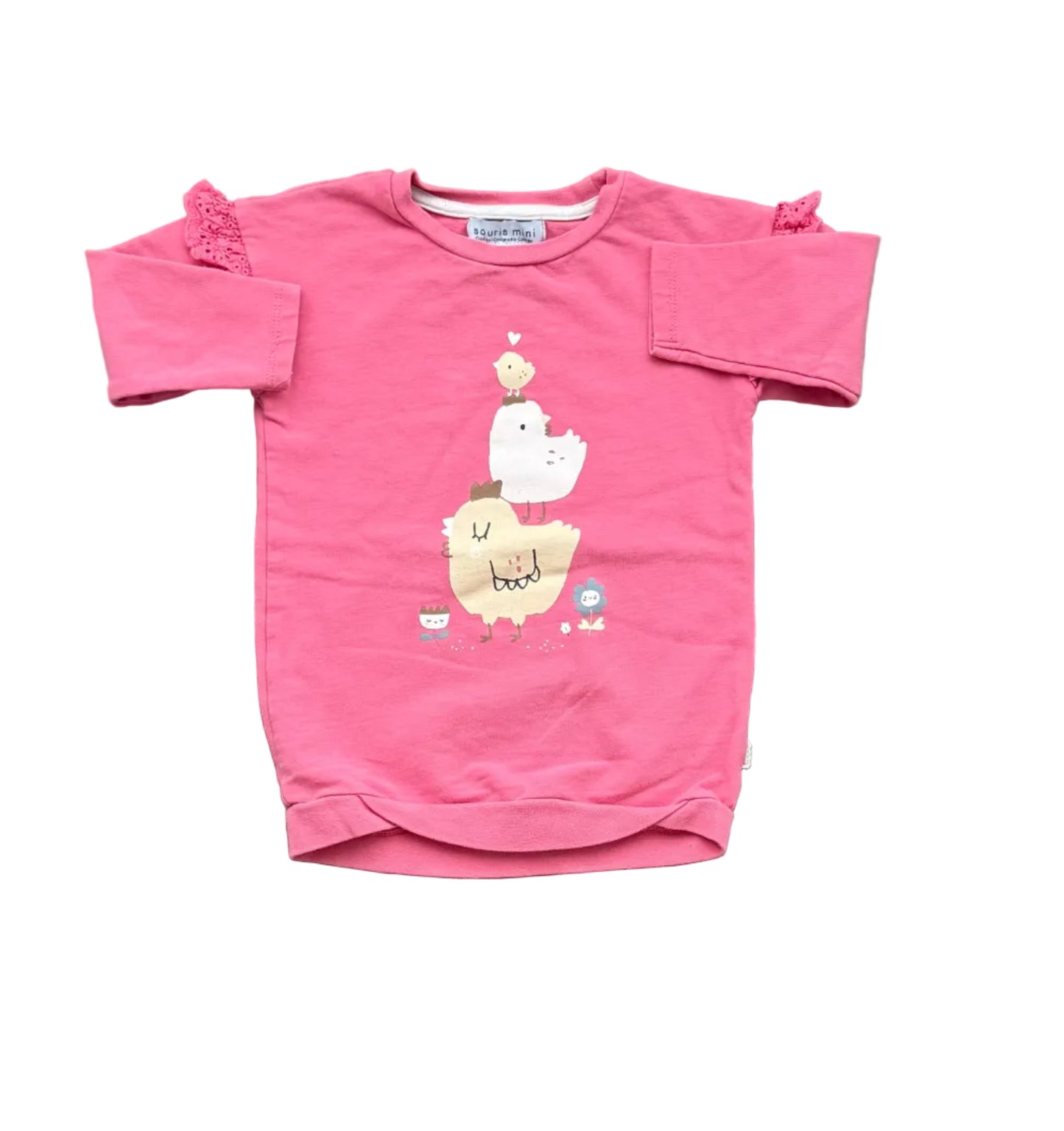Tunique souris mini rose 9-12 mois, appliqué animaux devant, manches longues