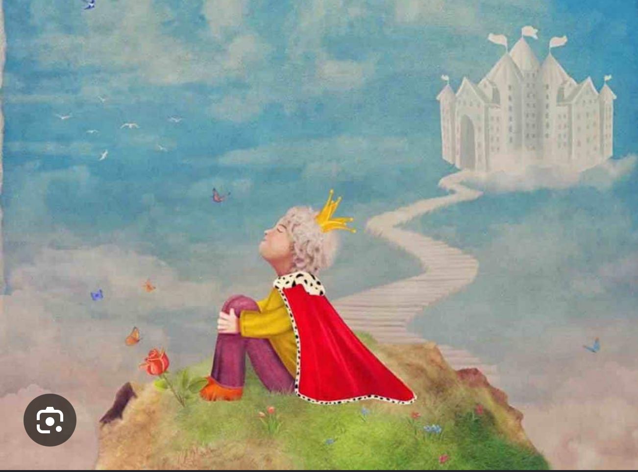 Livre : illustration d’un enfant en robe rouge sur une colline, château au loin