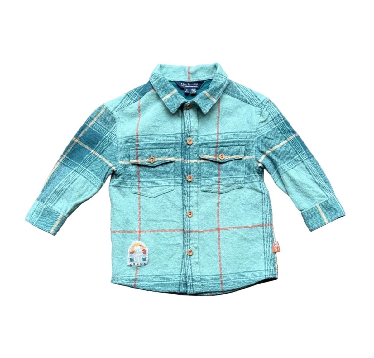 Chemise Souris Mini 3 ans à carreaux turquoise, manches longues, col boutonné et poches
