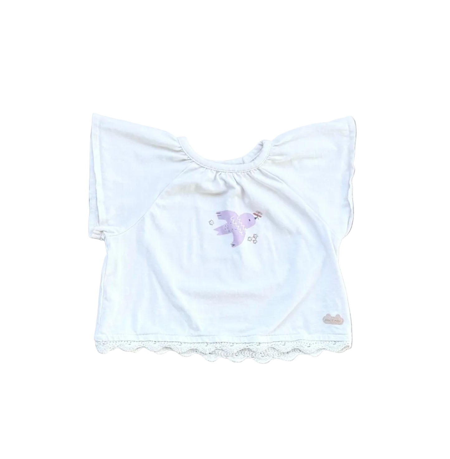 T-shirt bébé crème à manches papillon avec souris violette imprimée et détails