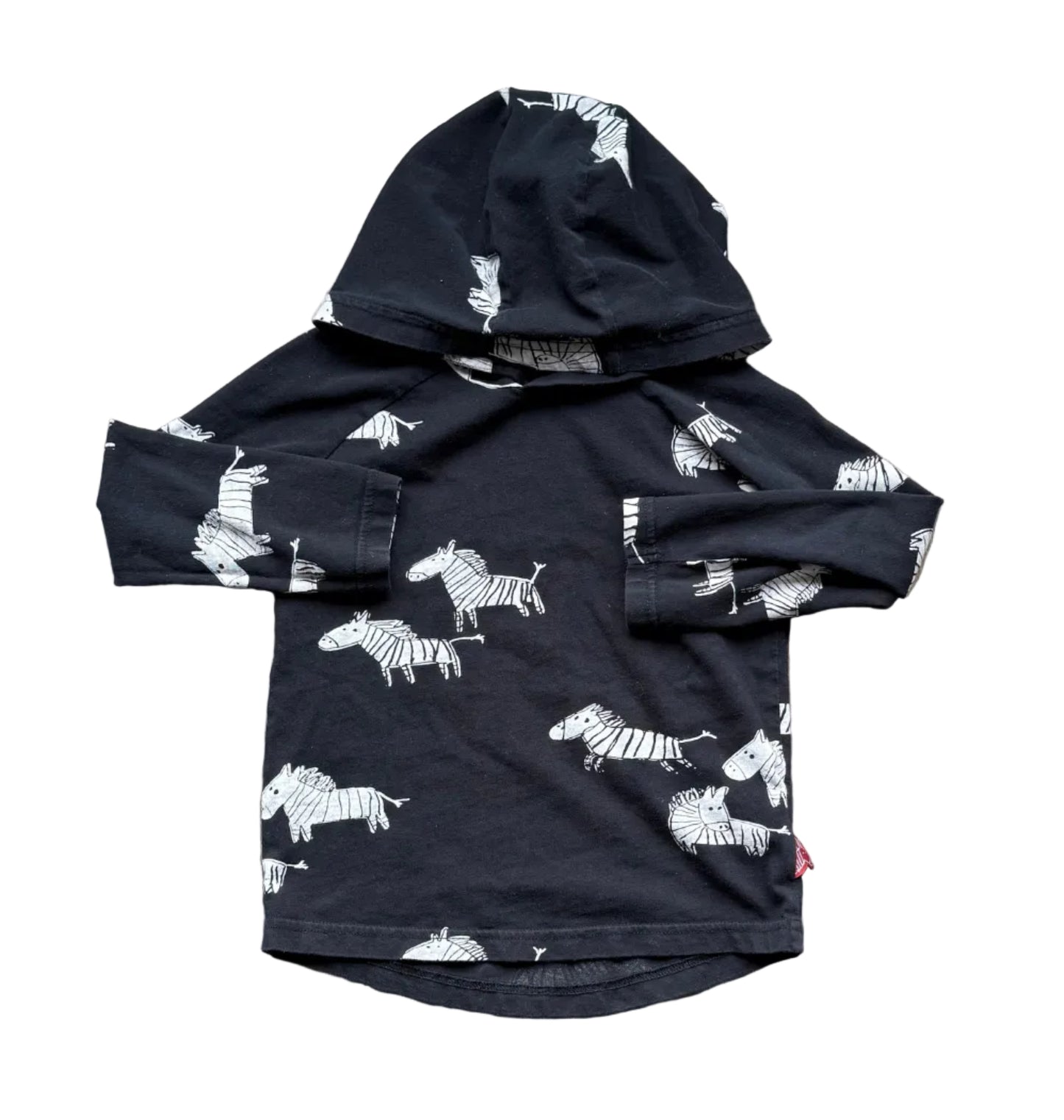 Chandail à capuchon sombre avec motif de zèbres blancs, manches longues et poche kangourou.