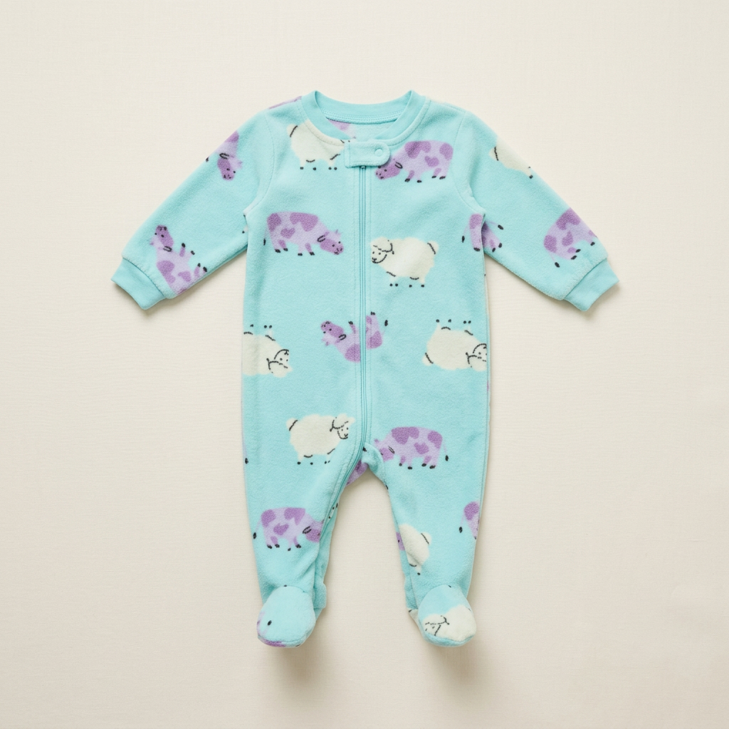 Combinaison pyjama bébé aqua vert à fermeture et motifs animaux, pieds