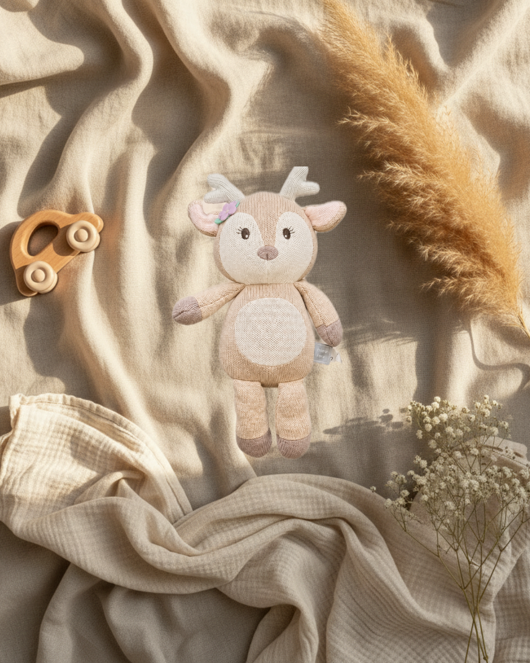 Peluche faon bleu clair et beige avec ruban, vue de face allongée