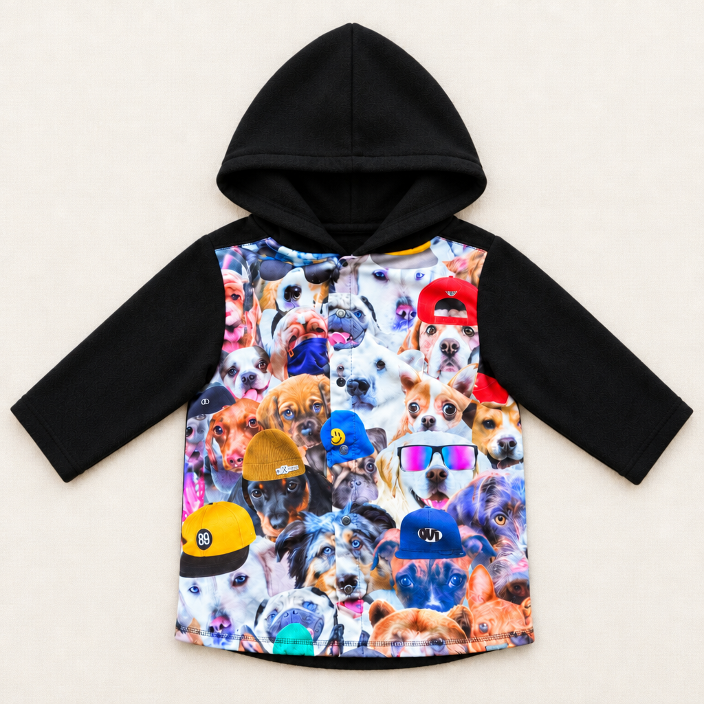 Veste enfant à capuche noire, imprimé chiens multicolores