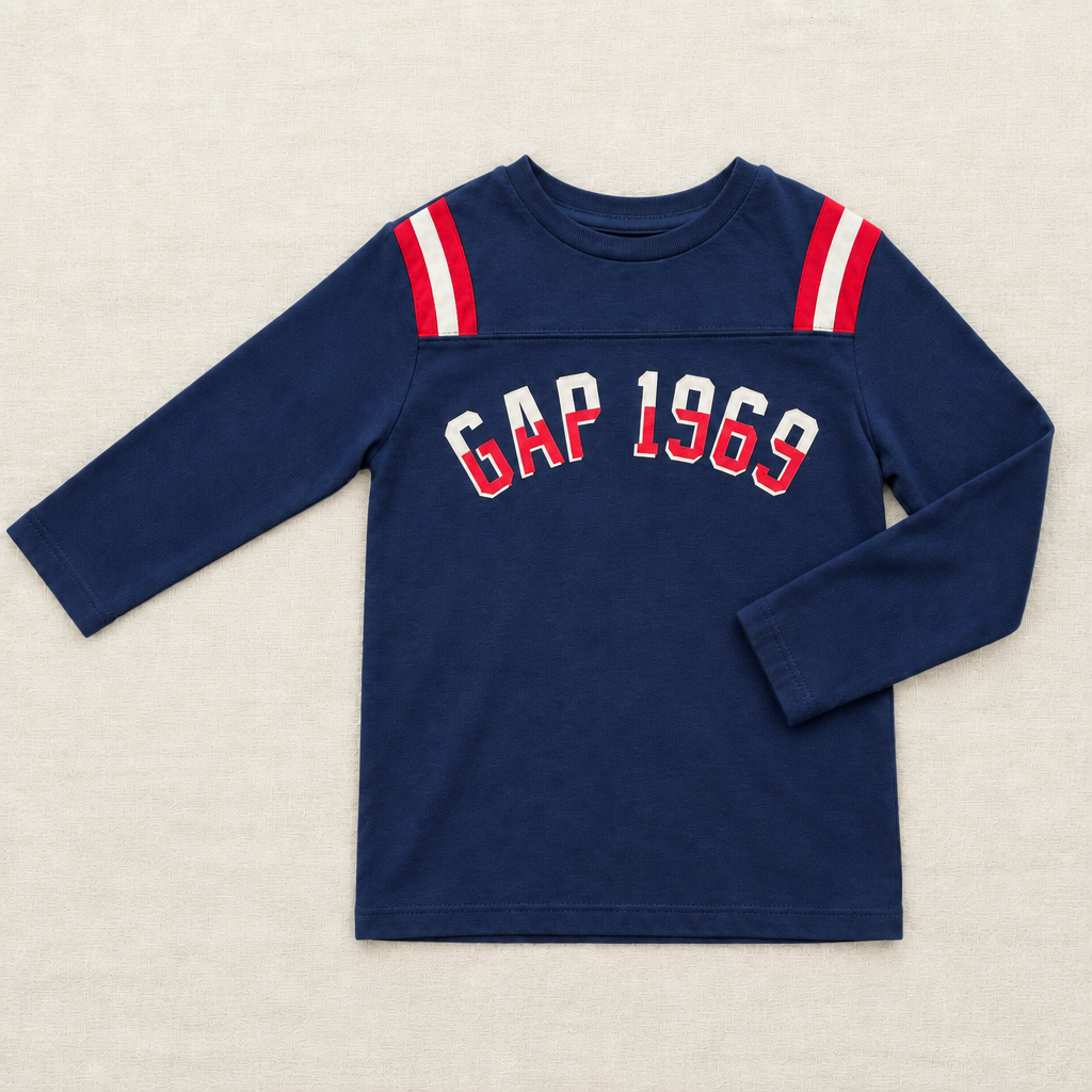 Chandail enfant marine à manches longues, imprimé GAP 1963 et rayures rouge/blanc