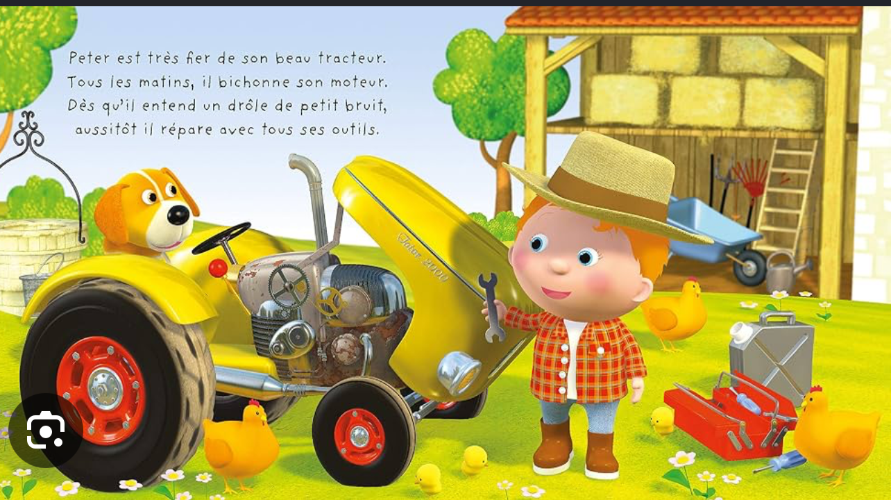 Page illustrée du livre jeunesse : Peter sur un tracteur jaune et accessoires