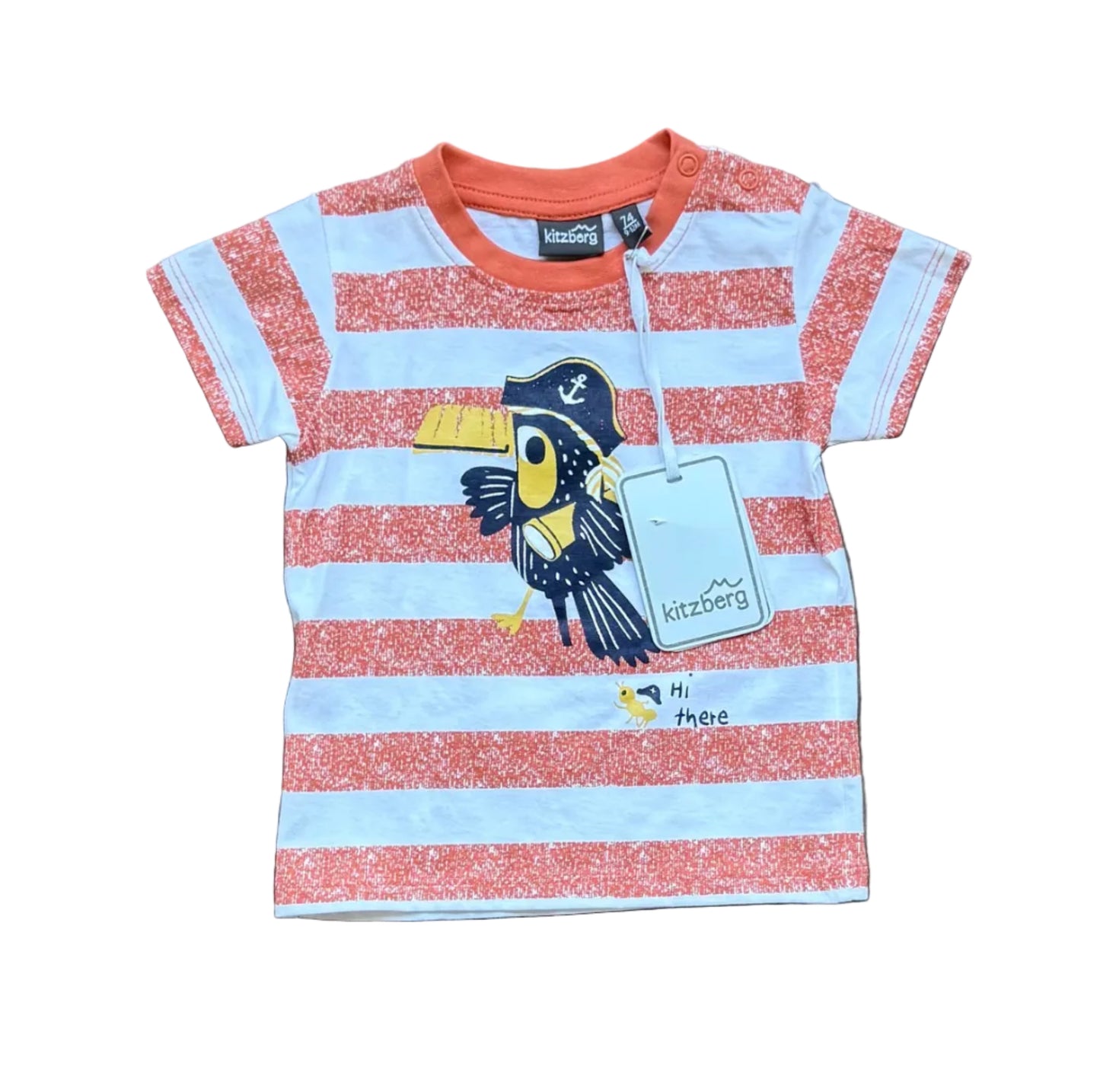 T-shirt rayé bleu et rouge 9-12 mois avec imprimé oiseau marin et col boutonné
