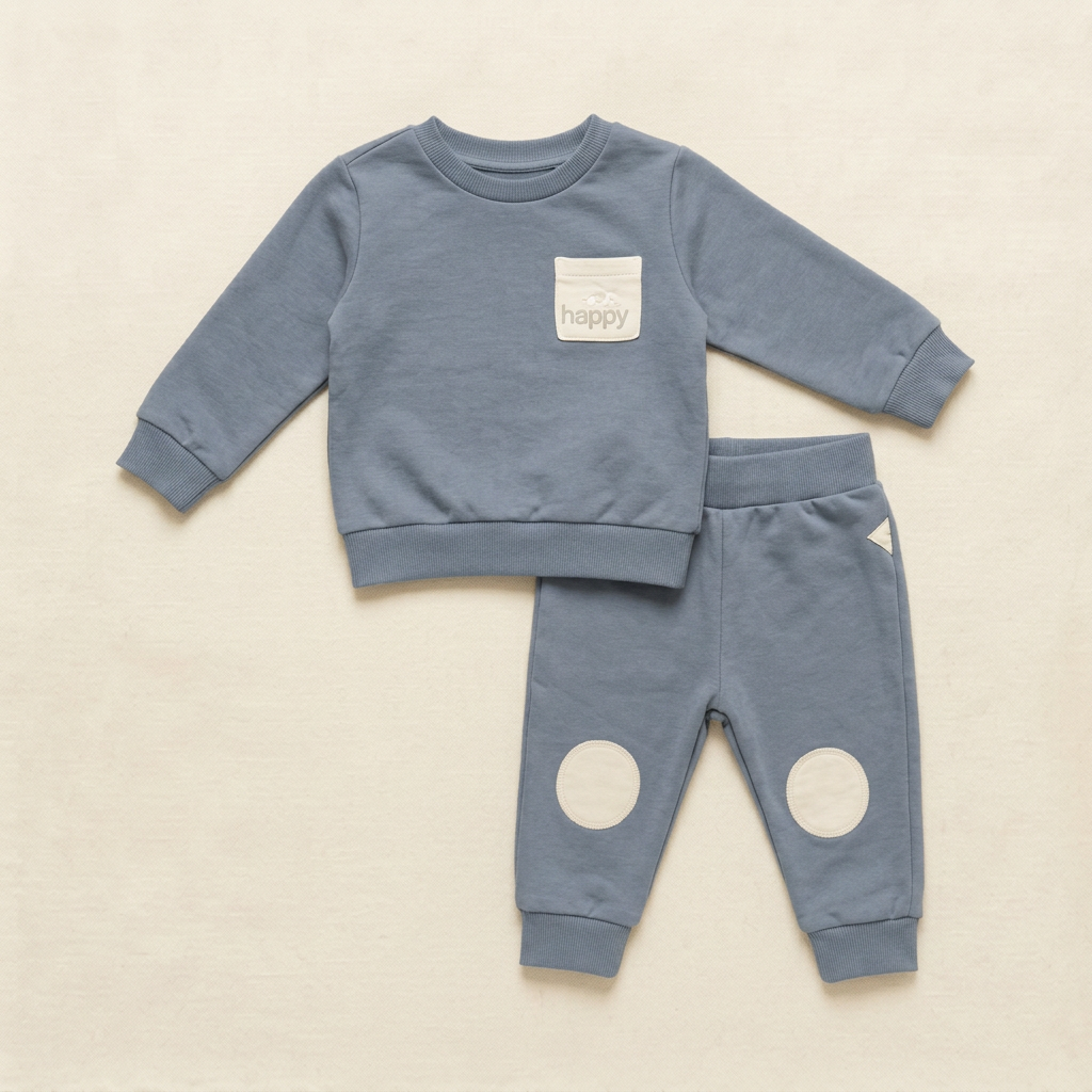 Ensemble bébé 3-6 mois bleu sarcelle: pull manches longues + pantalon, genoux à empiècements