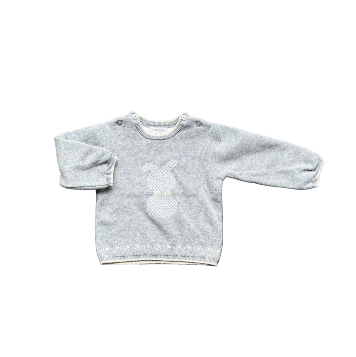 Chandail Mayoral gris bébé, encolure à pressions, motif lapin blanc