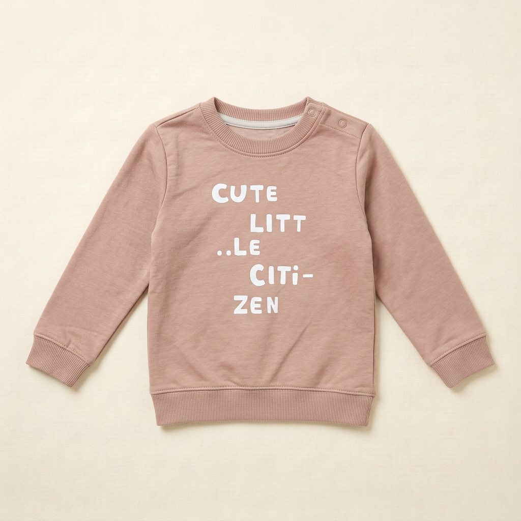 Chandail bébé à manches longues beige rosé, col rond côtelé, imprimé texte.