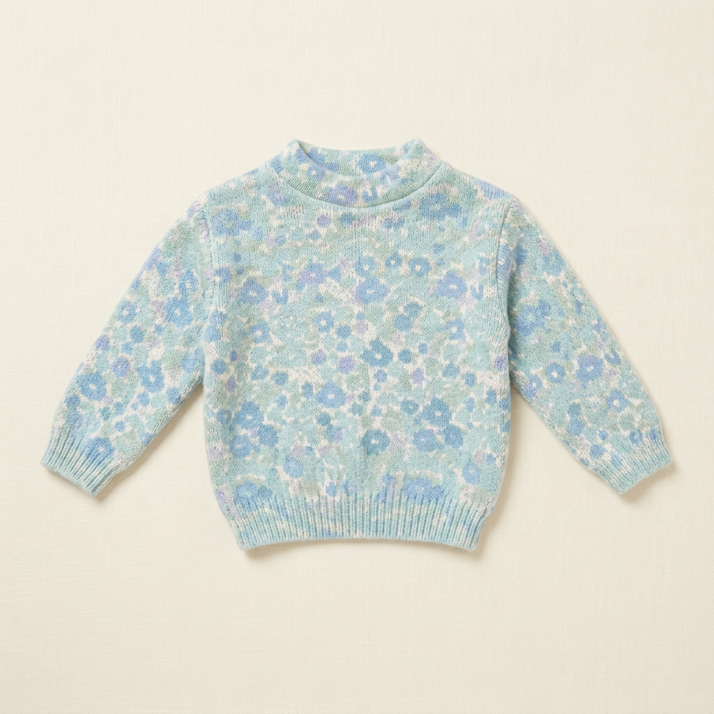 Chandail bébé 9-12 mois bleu clair à motifs floraux, col montant côtelé
