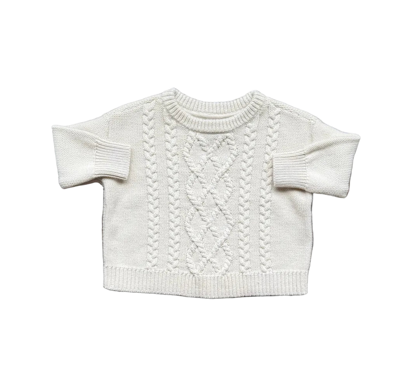 Pull bébé en tricot crème à col rond, maille torsadée et manches longues