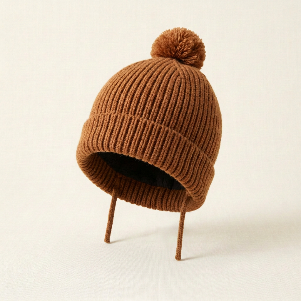 Tuque Zara en maille brune, revers et pompon
