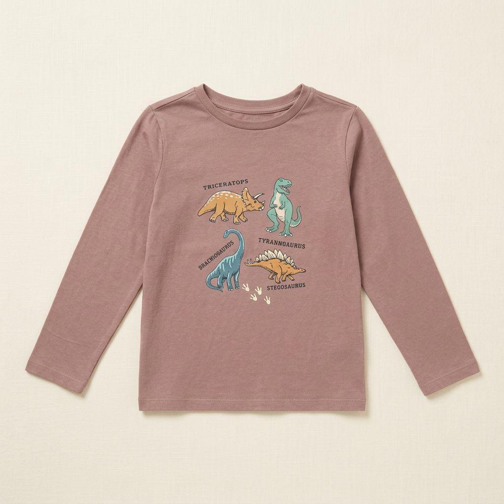 Chandail enfant mauve à manches longues, imprimé dinosaures colorés