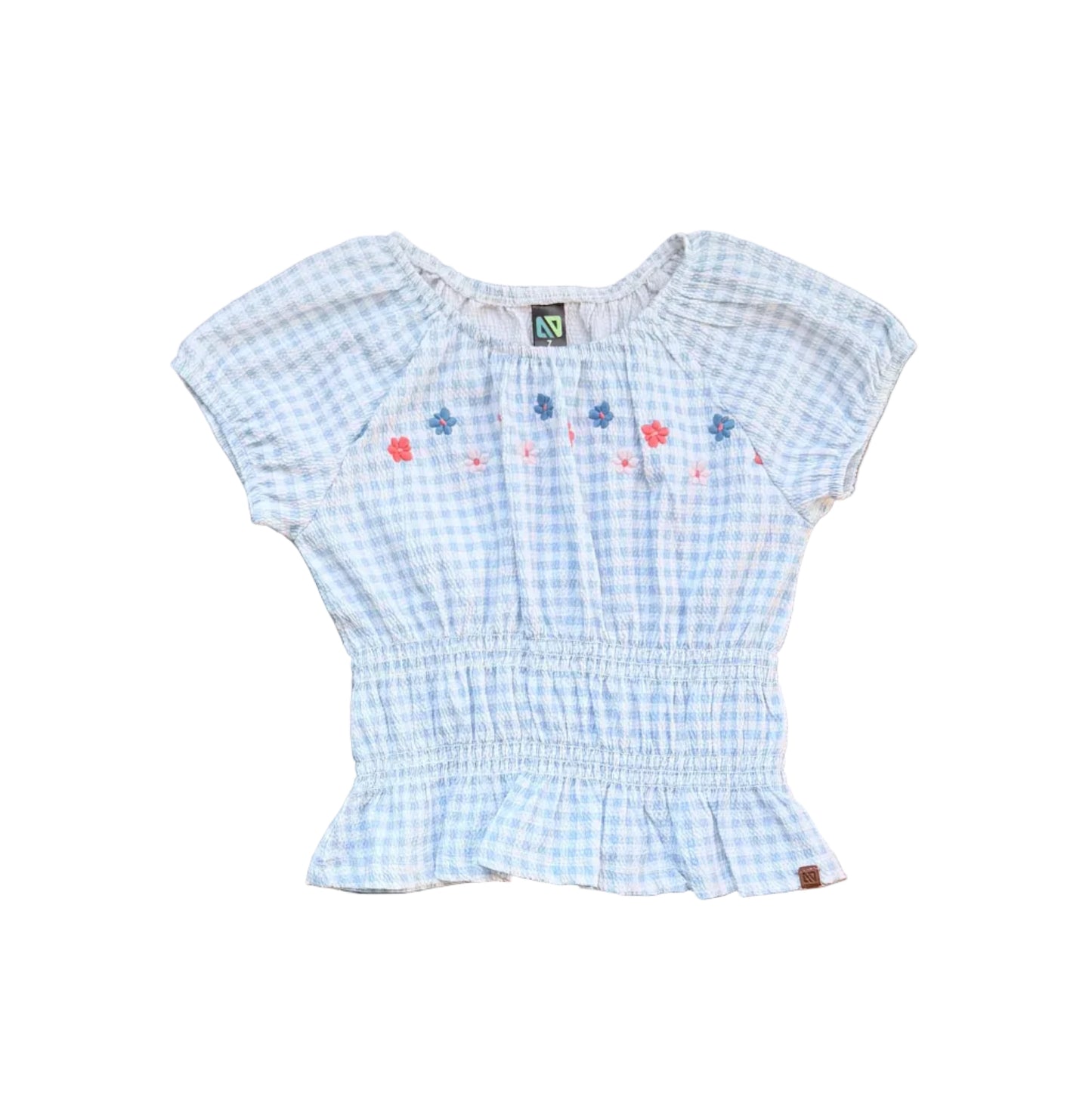 T-shirt Deux par Deux enfant bleu clair à carreaux avec broderies multicolores