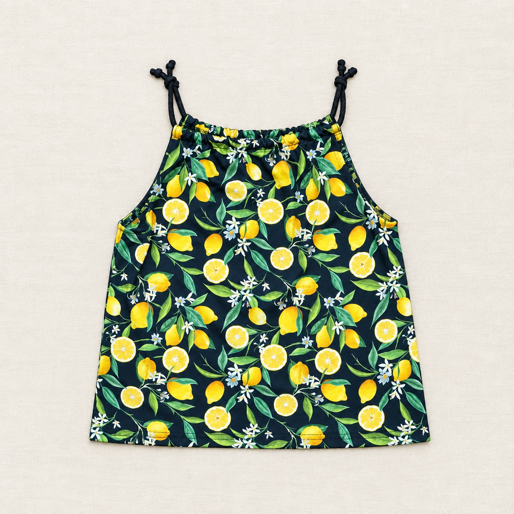 Camisole enfant à fines bretelles nouées, imprimé citrons jaunes sur fond bleu foncé