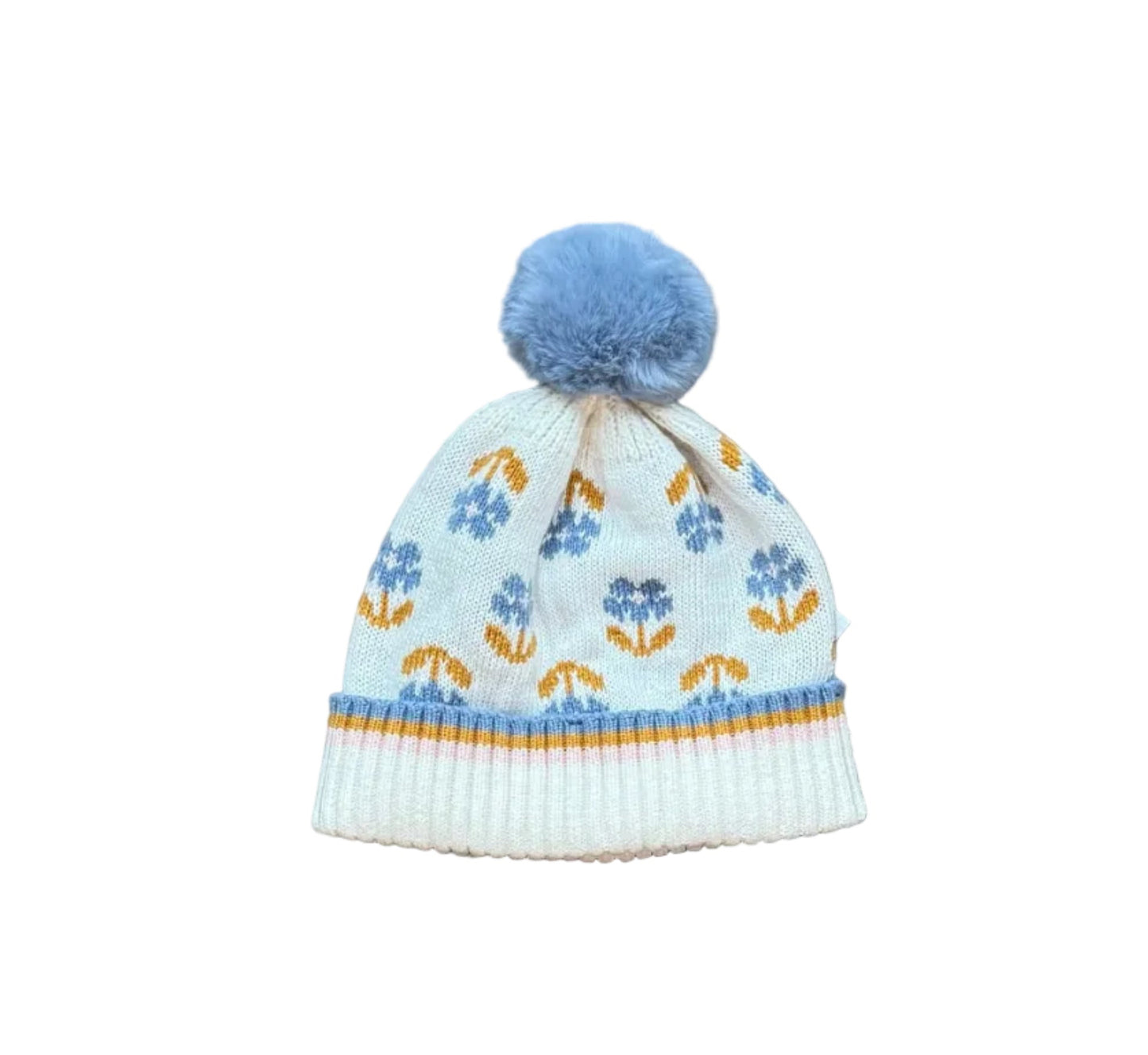 Bonnet en maille blanc avec pompon bleu et motifs floraux bleu et jaune