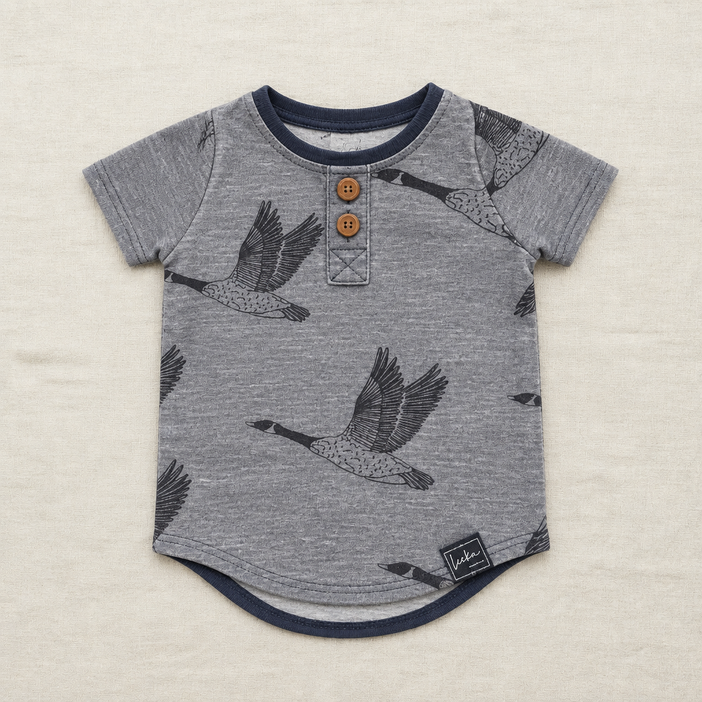 T-shirt bébé Leeka 0-3 mois anthracite, imprimé oiseaux, boutons devant