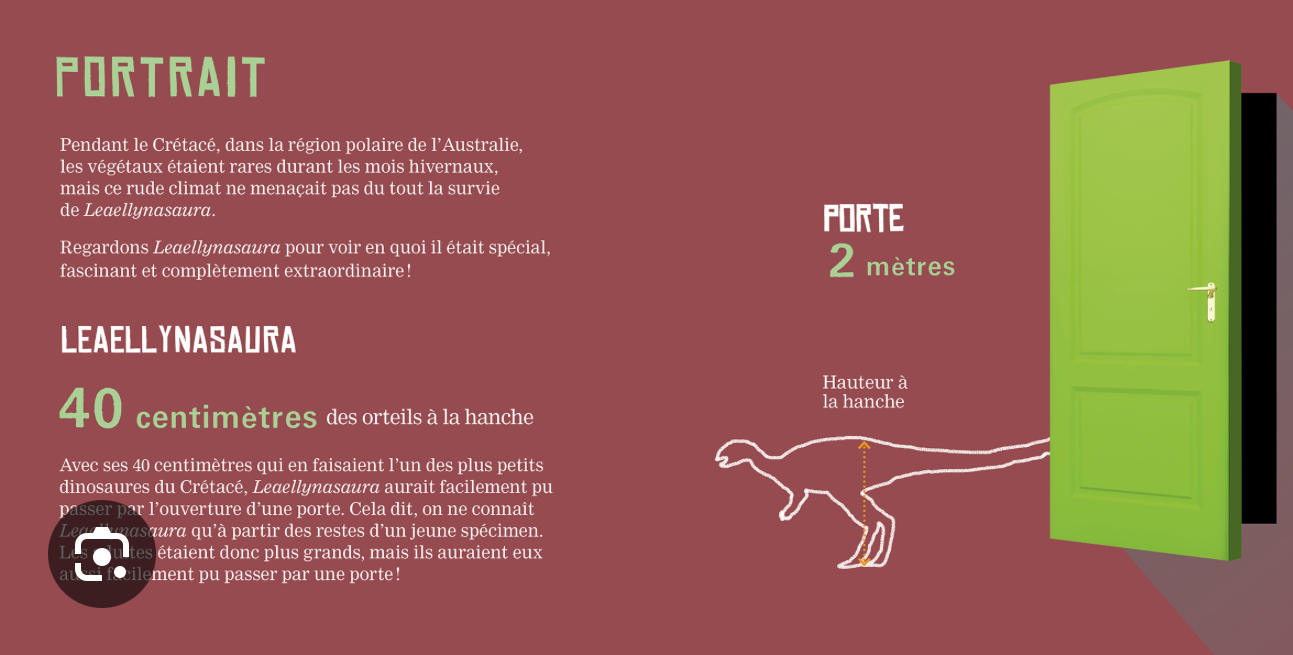 Page d’information du livre avec schéma du dinosaure et mesure « 2 mètres »