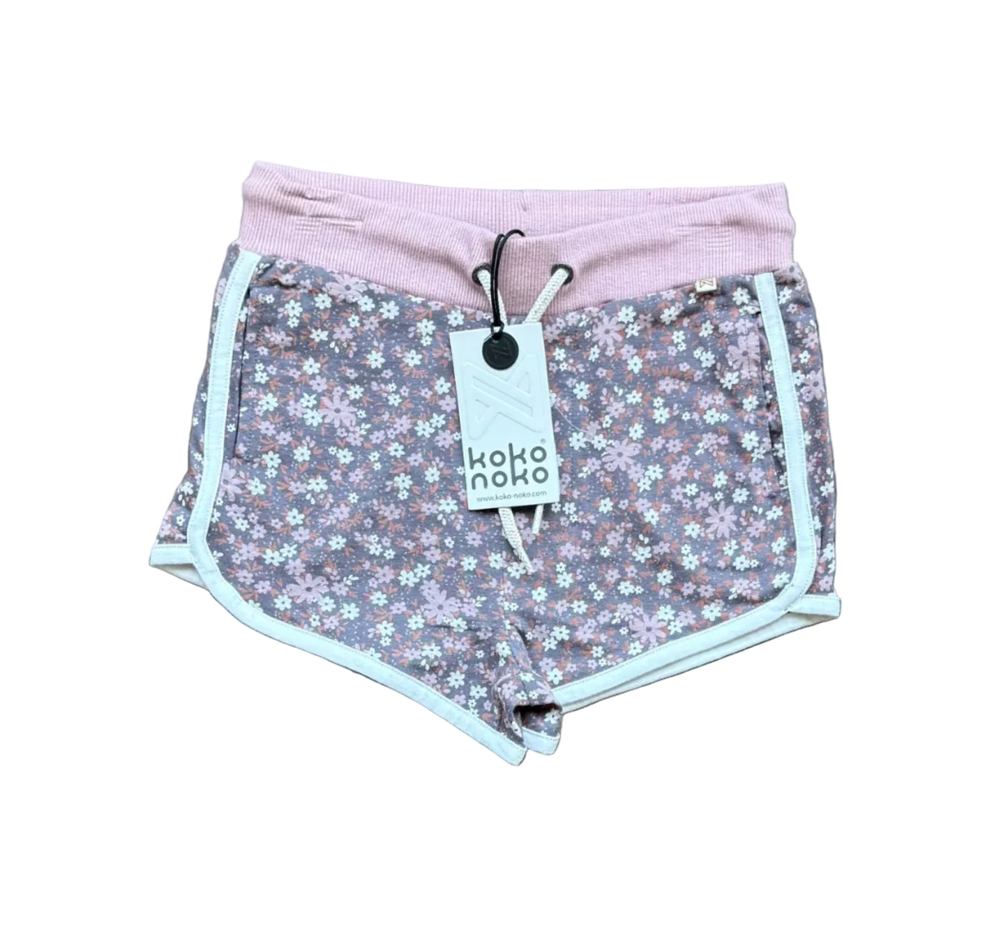 Short 10 ans floral mauve, taille élastique et cordon, bordure bleu clair