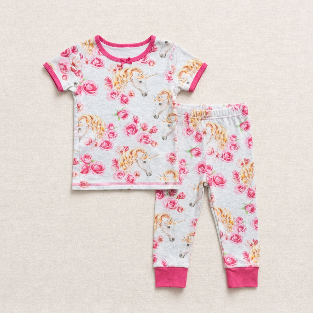 Pyjama 2 pièces 24 mois en jersey gris, motif licornes et roses, manches courtes