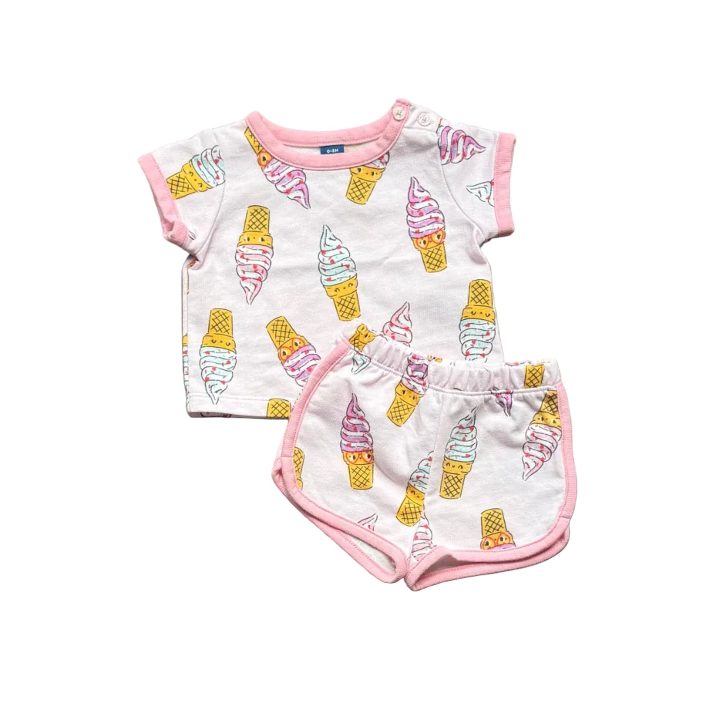Ensemble bébé 0-3 mois, t-shirt manches courtes et short crème à motifs glaces, bord rose.