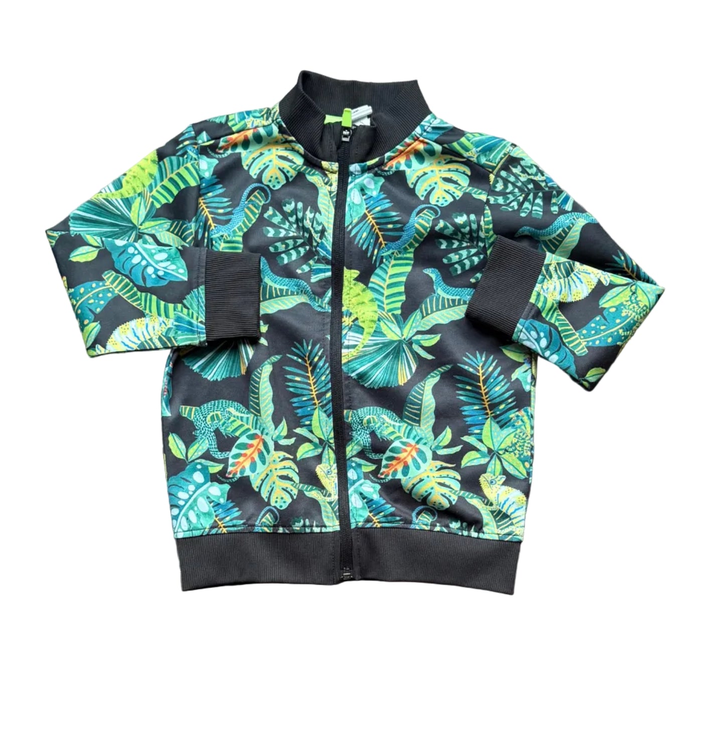 Veste enfant noire à motifs tropicaux vert et jaune, fermeture zippée, manches longues