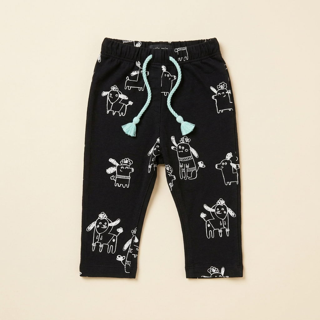 Pantalon bébé noir avec dessins d’animaux blancs et cordon vert à pompons