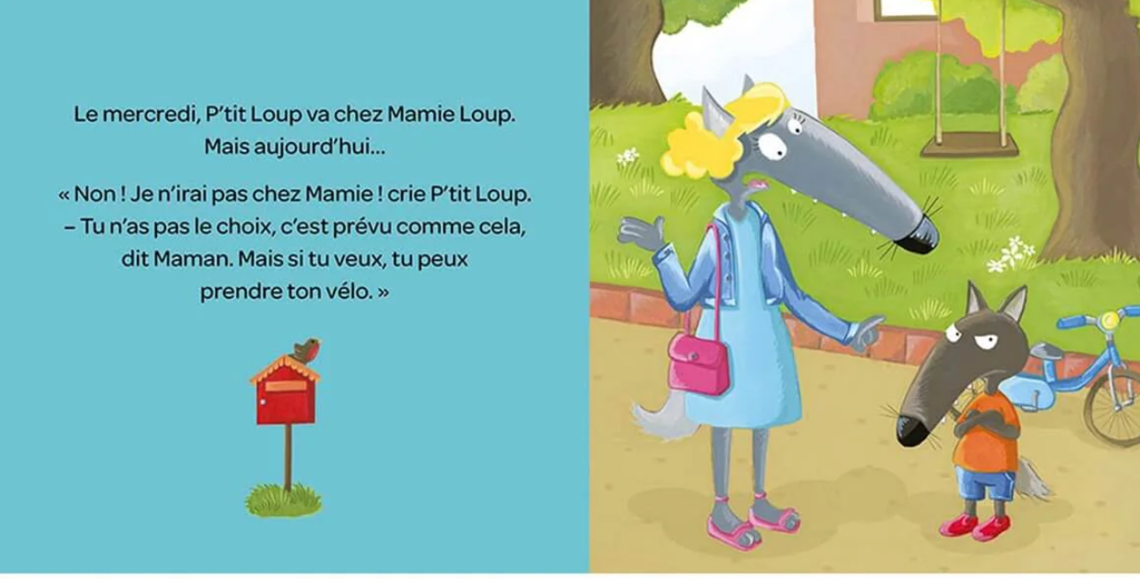 Page illustrée « P’tit Loup » : loup gris, enfant à vélo et texte en français