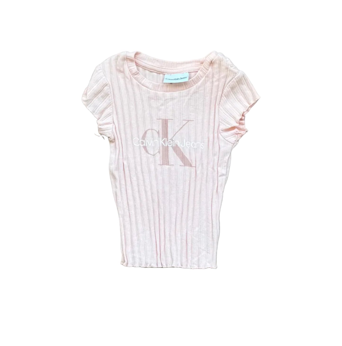 T-shirt bébé 2 ans, rose crème, rayures fines verticales et logo devant.