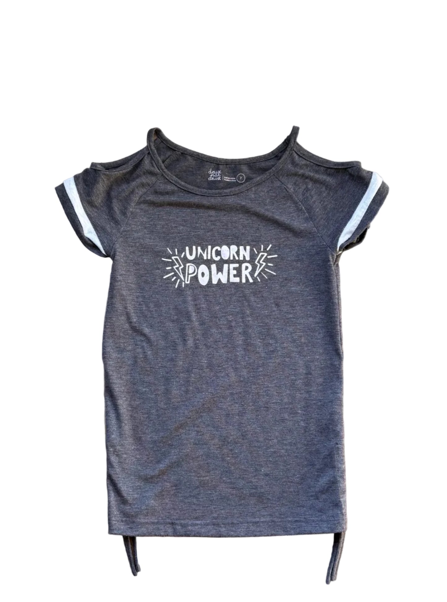 Tunique manches courtes anthracite chiné, col rond, imprimé « Unicorn Power », liserés clairs