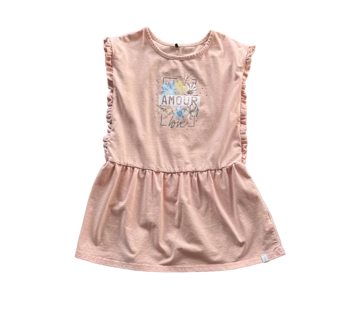 Robe fille rose crème sans manches à volants, taille froncée, motif amour au buste