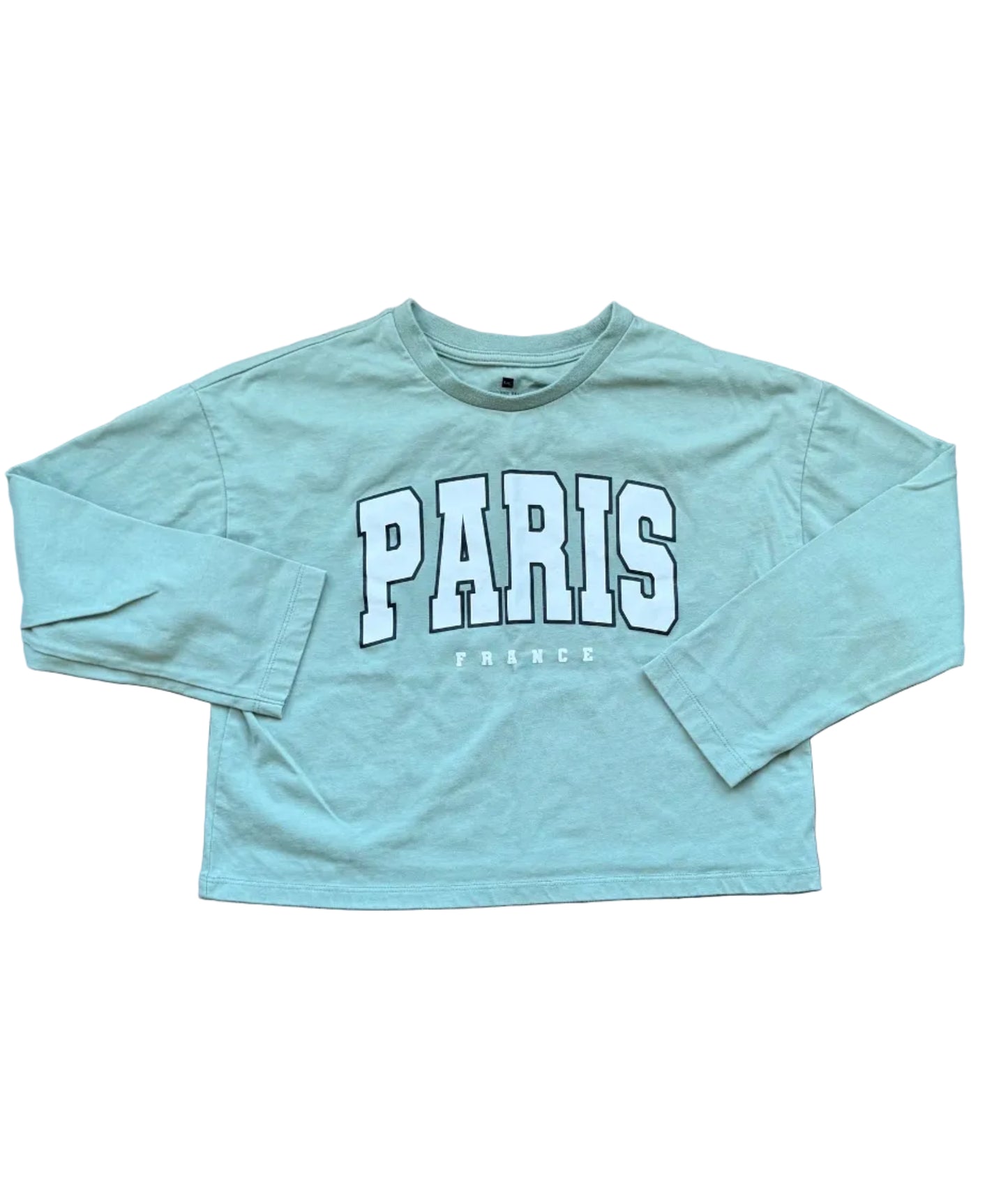 Chandail manches longues vert mousse pour enfant 8 ans, imprimé « PARIS ».